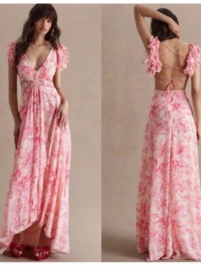 Anthropologie Pink Floral Ruffle Maxi Dress